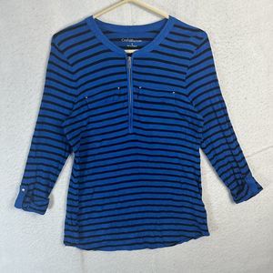 Croft And Barrow Top Women Blue Striped Small 1/4 Zip Pocket Roll Tab Sleeve